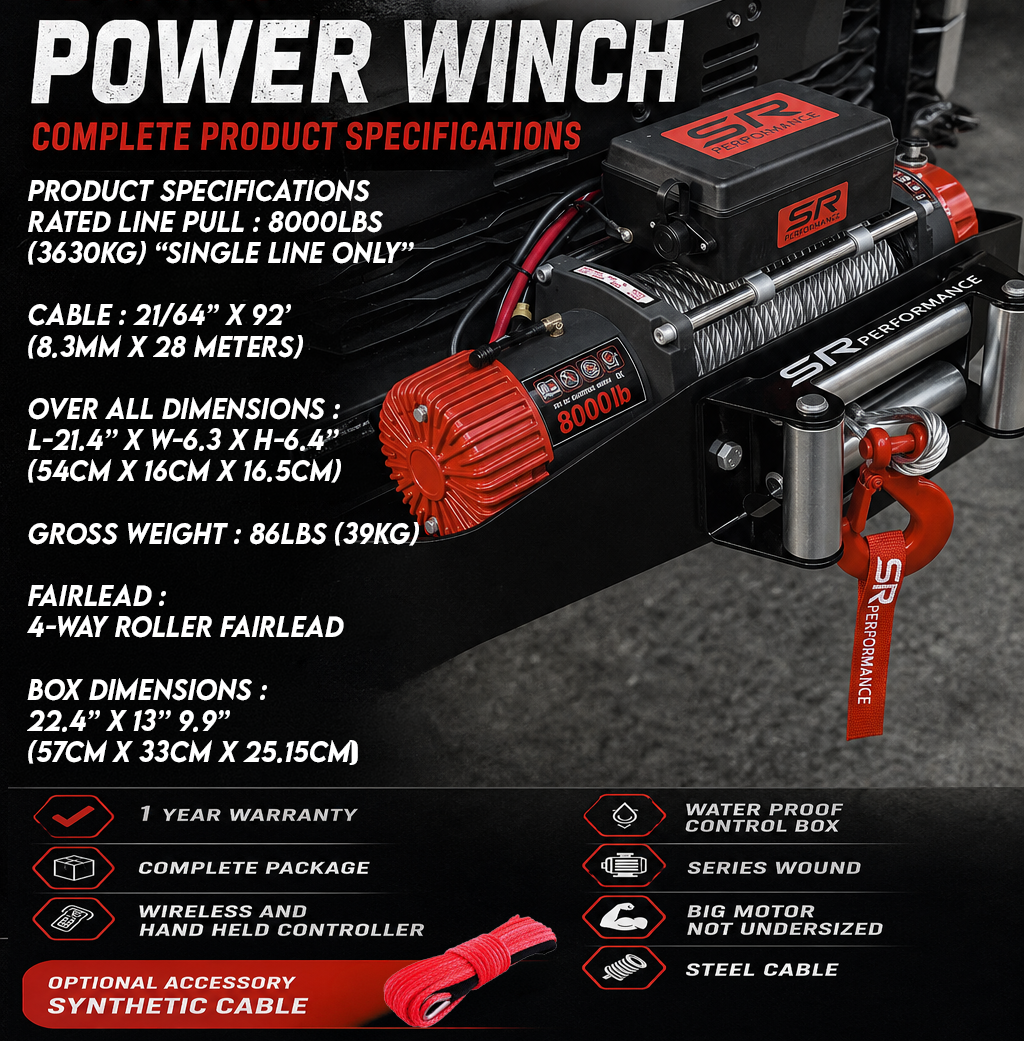 POWER WINCH STEEL CABLE 8000LBS 12V